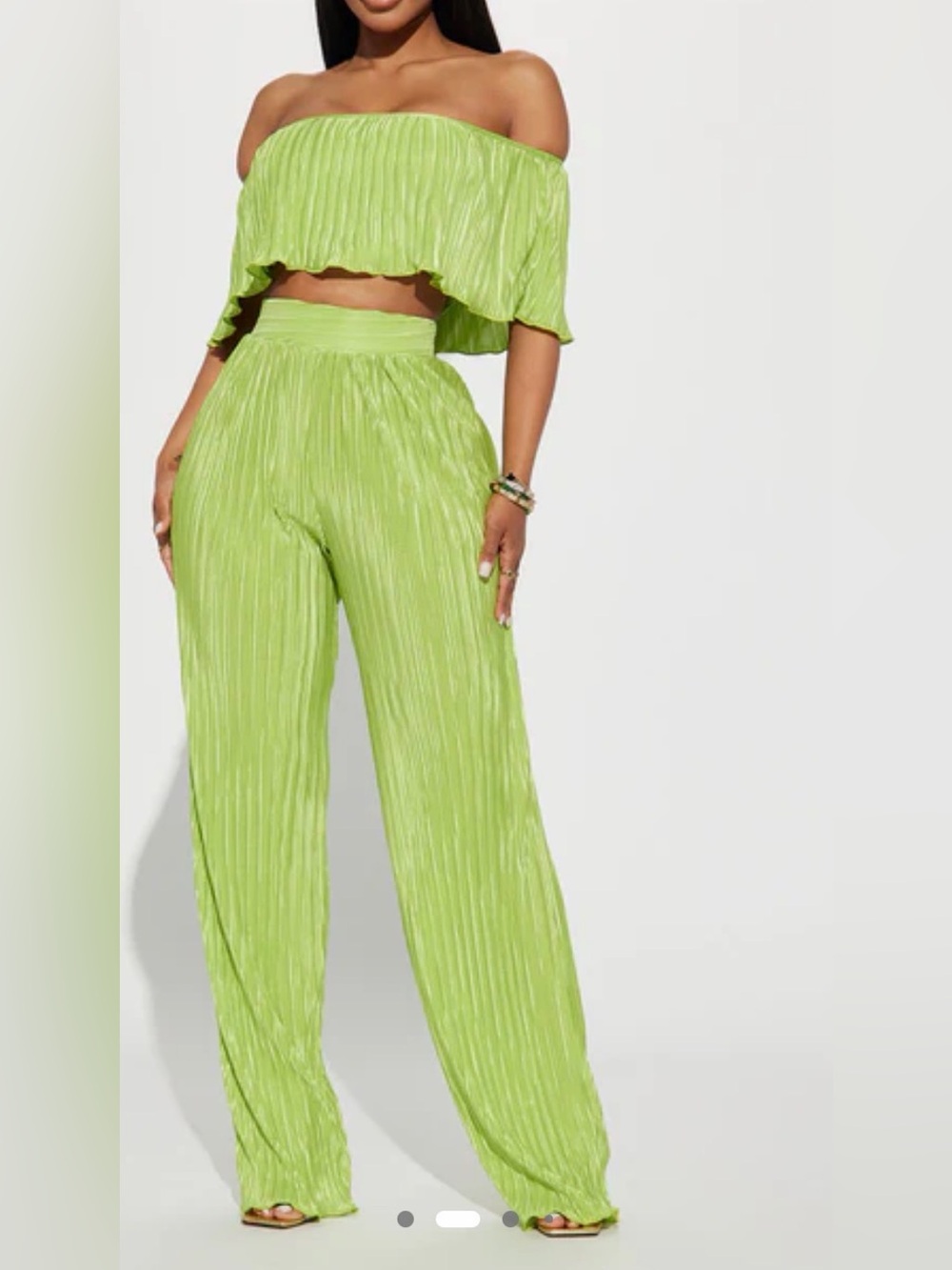 High-Waist Wide-Leg Pleated Pants Set Lime Green